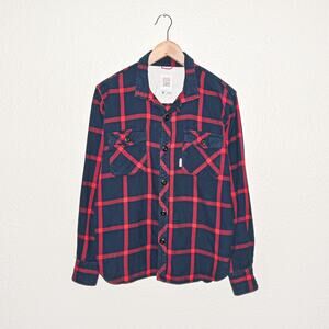 TOPO Designs Men's Field Plaid Shirt in Navy Red cotton size Medium
